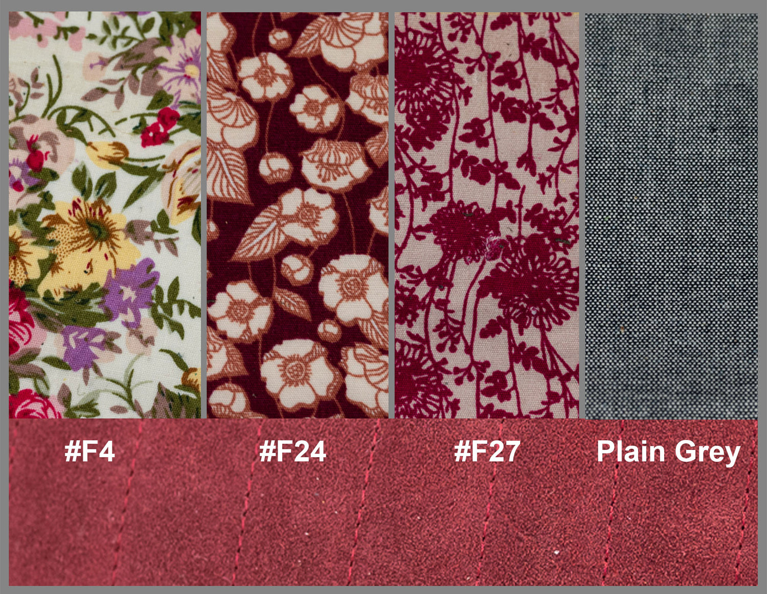 Four fabric swatches with floral patterns and a plain gray swatch, each labeled with a color code.