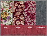 Four fabric swatches with floral patterns and a plain gray swatch, each labeled with a color code.