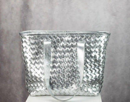 SIlver leather tote handwoven bag