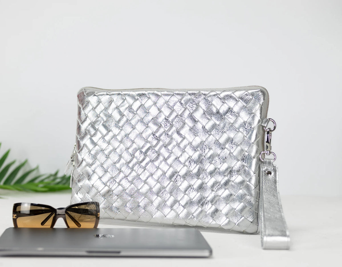 Athena Laptop Clutch - Silver leather