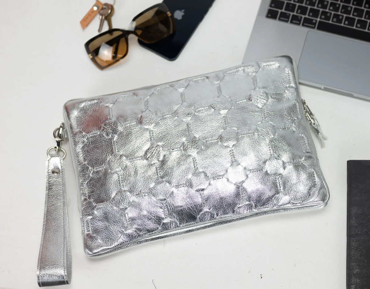 Athena Laptop Clutch - Silver leather