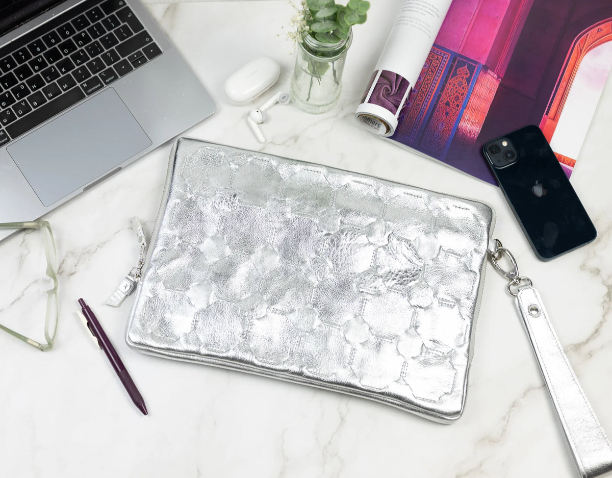 Athena Laptop Clutch - Silver leather
