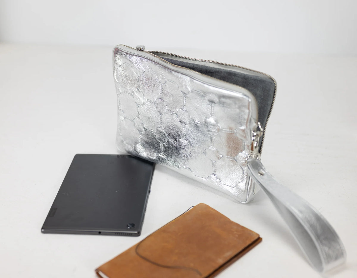 Athena Tablet Clutch - Silver leather