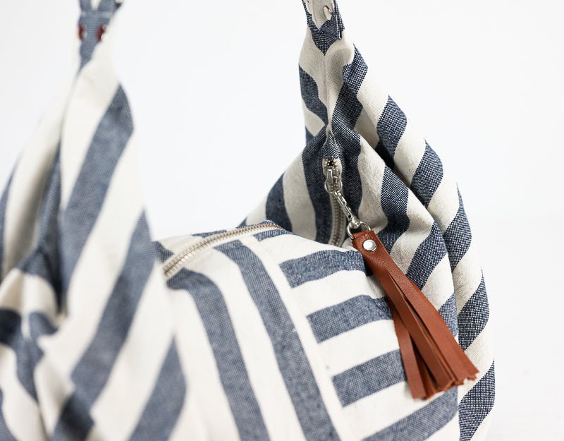Kallia mini bag - Blue striped canvas and brown leather - milloobags