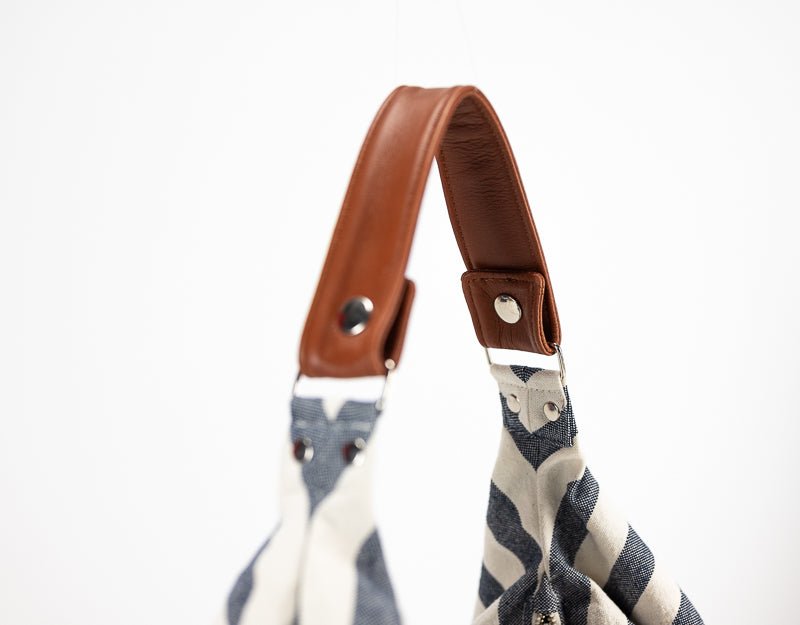 Kallia mini bag - Blue striped canvas and brown leather - milloobags