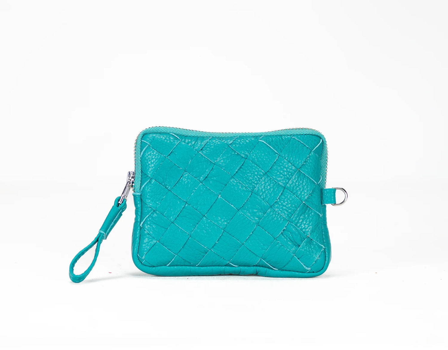 Turquoise woven clutch bag on a white background