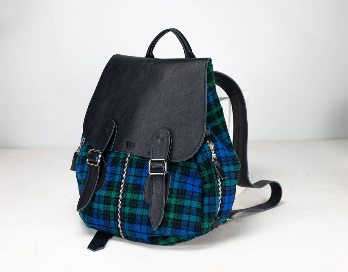 Artemis backpack - Blue leather and tartan wool