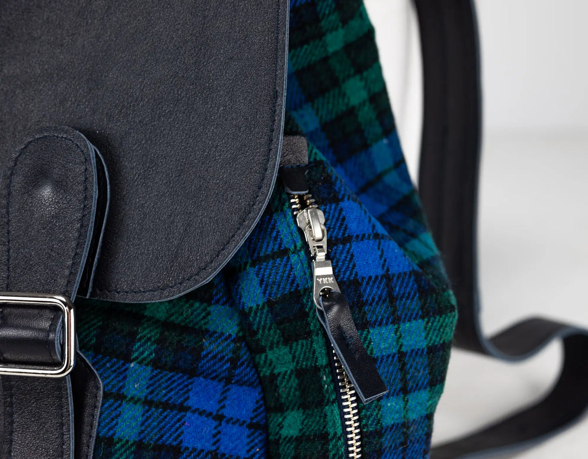 Artemis backpack - Blue leather and tartan wool