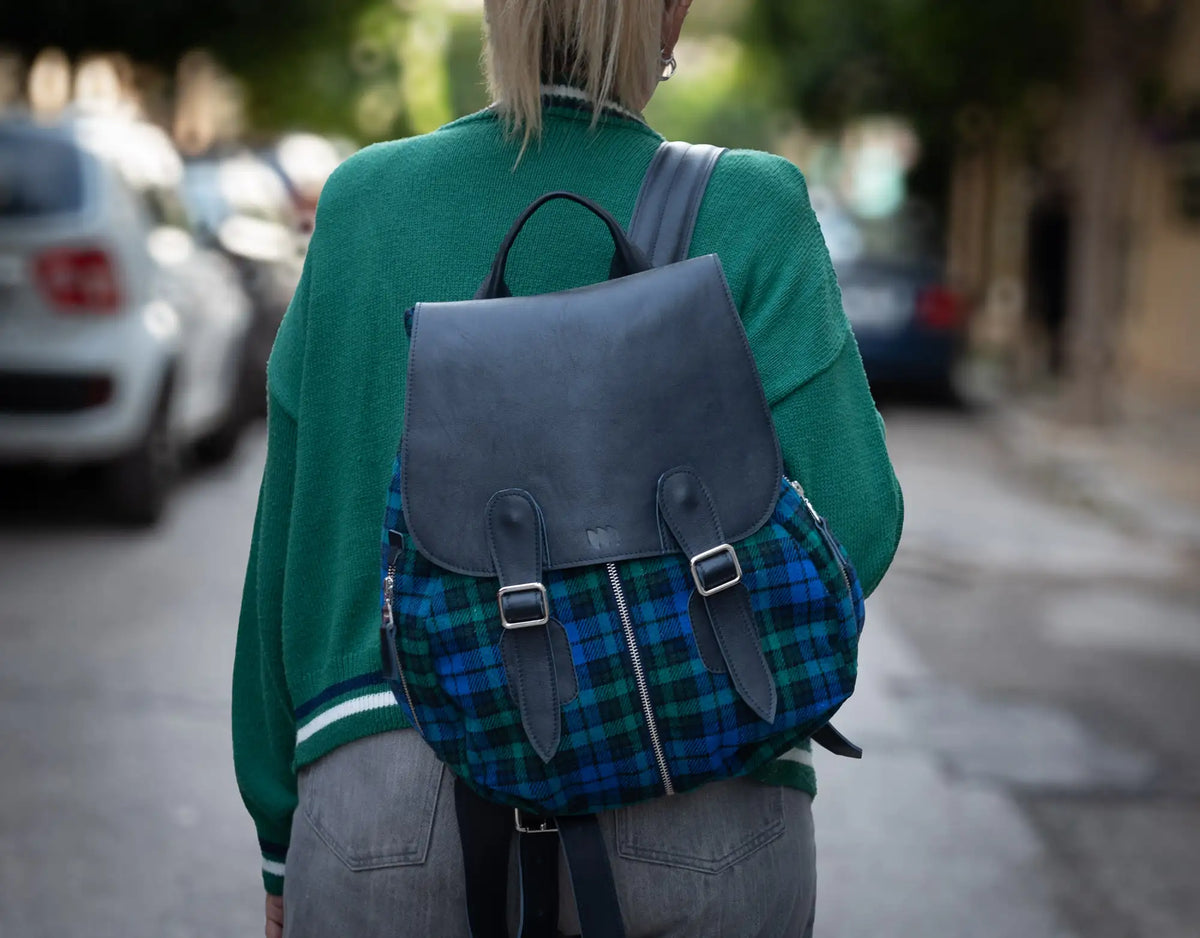 Artemis backpack - Blue leather and tartan wool