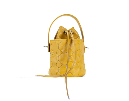 yellow leather handwoven mini bucket bag