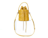 Yellow handbag with floral patterned interior on a white backgroundy