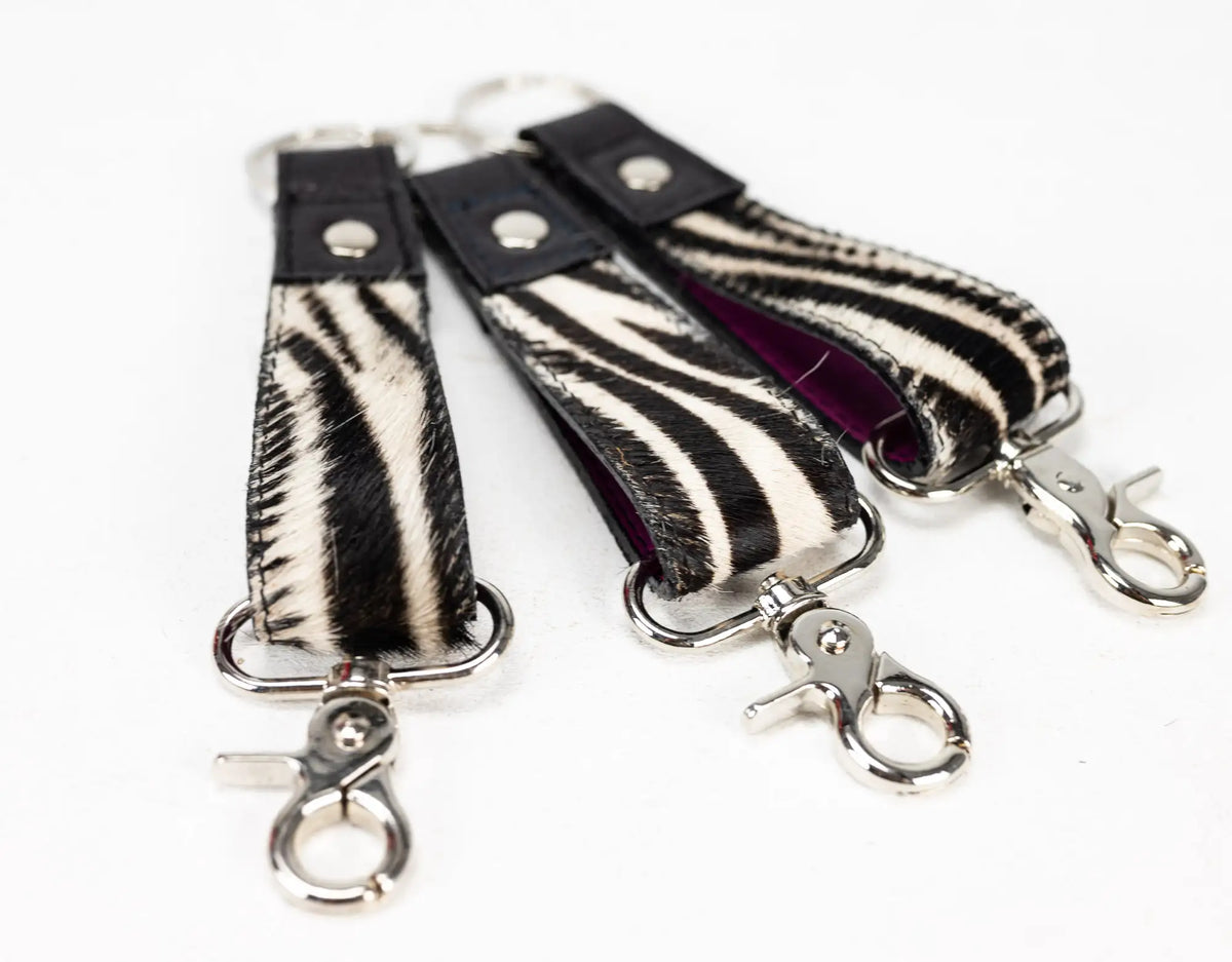 Leather handwoven keyring with clip - Zebra cowhide