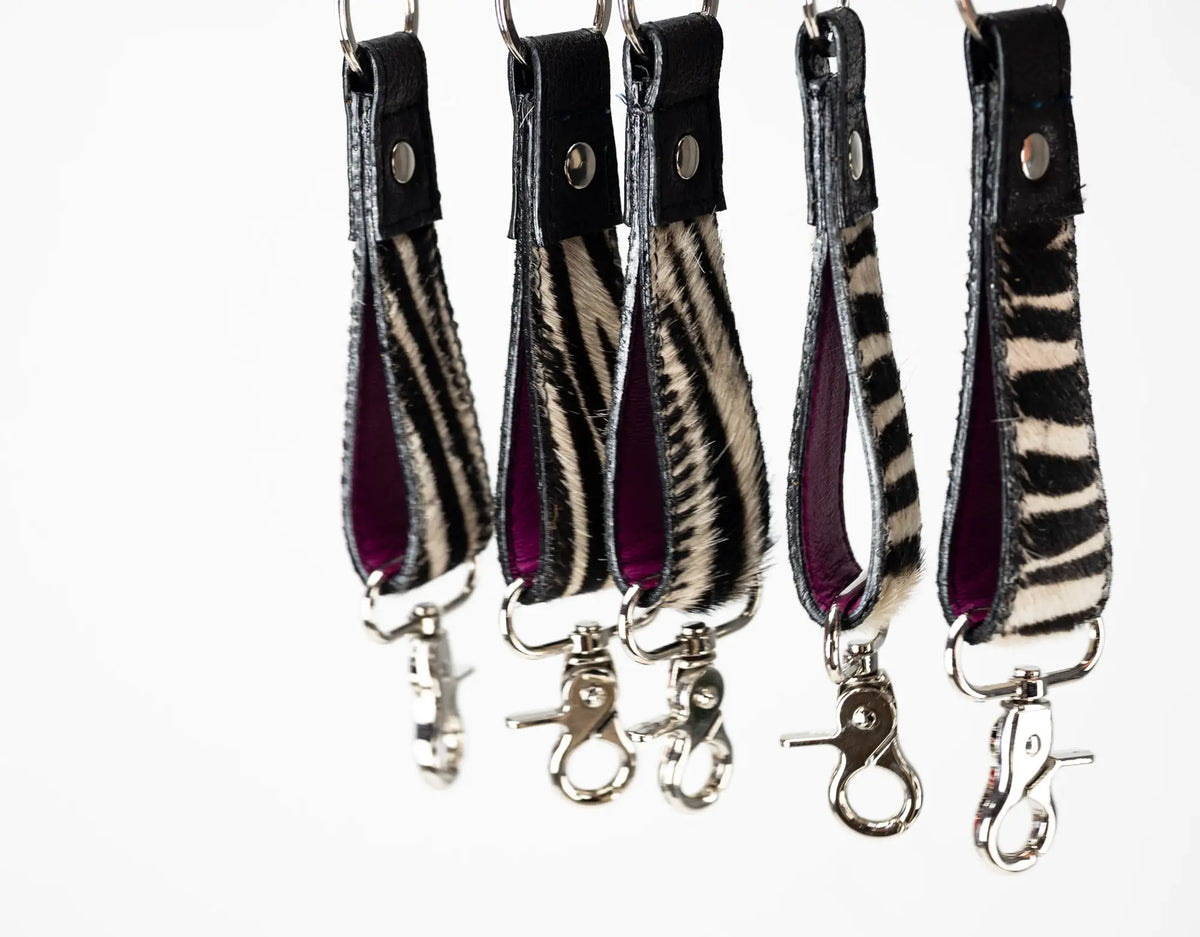 Leather handwoven keyring with clip - Zebra cowhide
