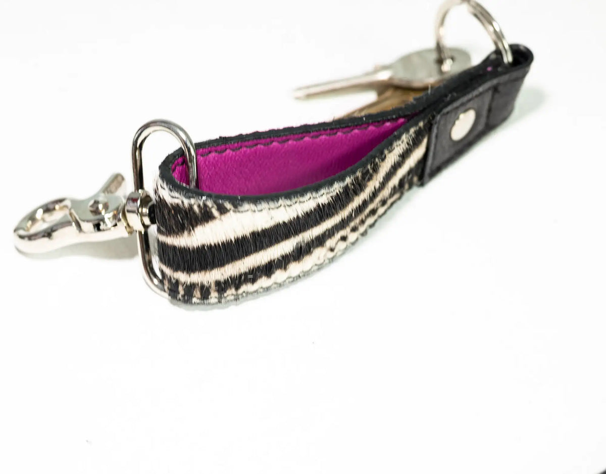 Leather handwoven keyring with clip - Zebra cowhide