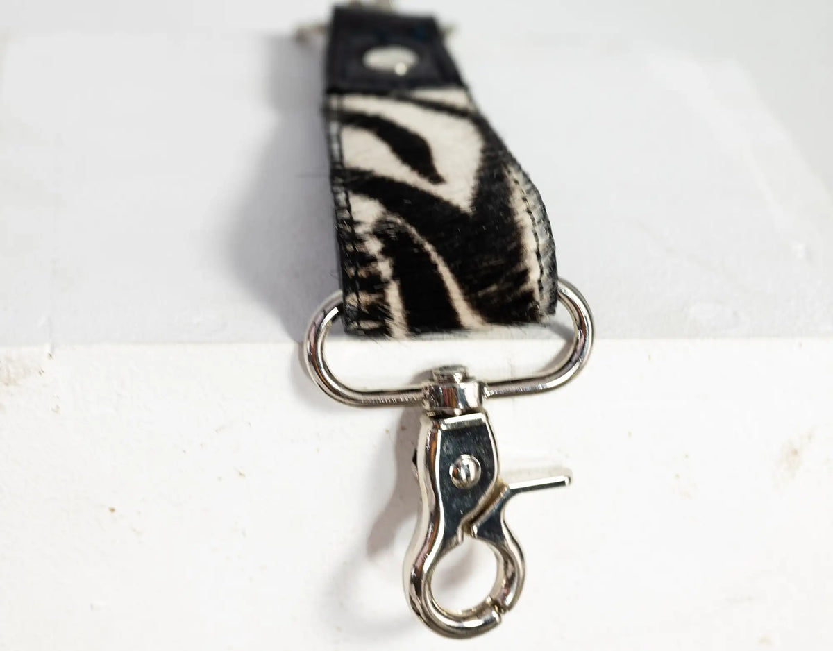 Leather handwoven keyring with clip - Zebra cowhide