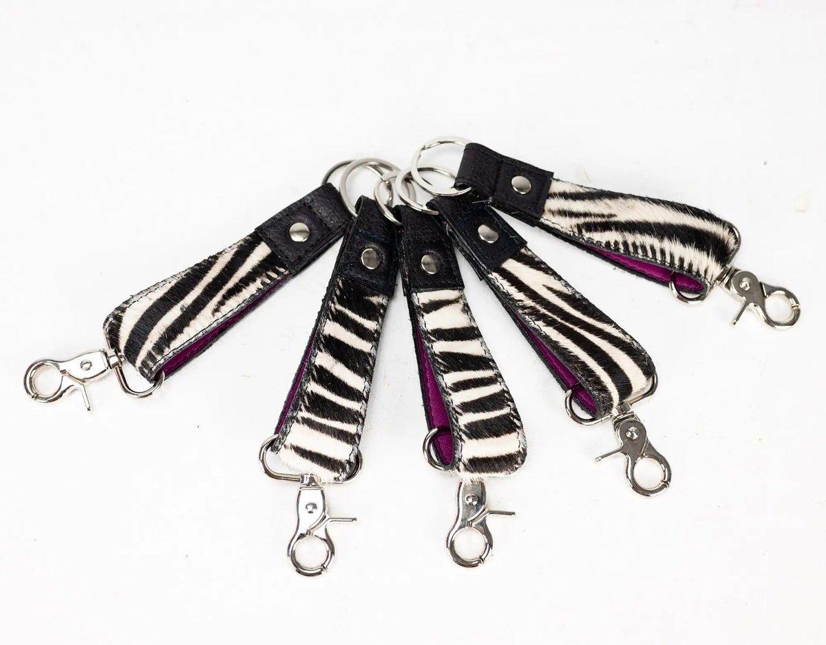Leather handwoven keyring with clip - Zebra cowhide