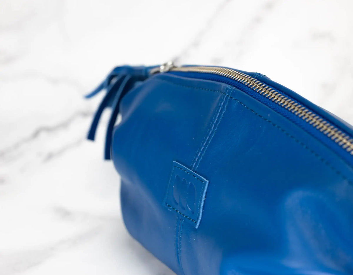 Blue leather pouch with a gold zipper on a white background#color_royal-blue