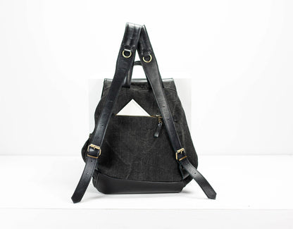 Black backpack with gold buckles on a white background