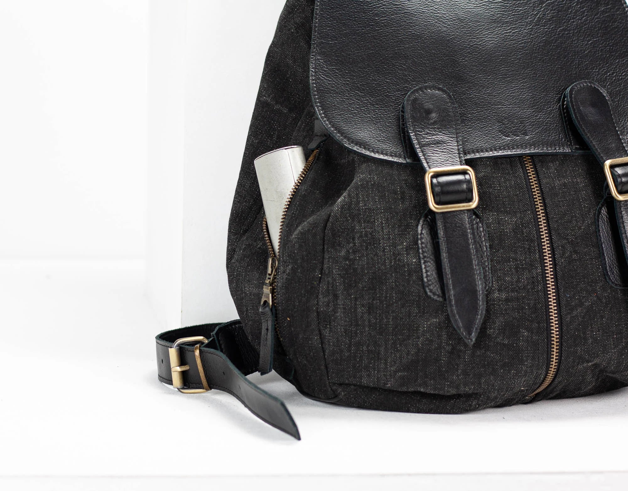 Black backpack with gold buckles on a white background