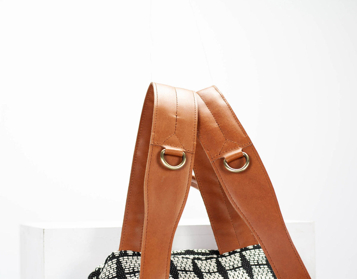 Artemis backpack - Black n White cotton and Brown leather