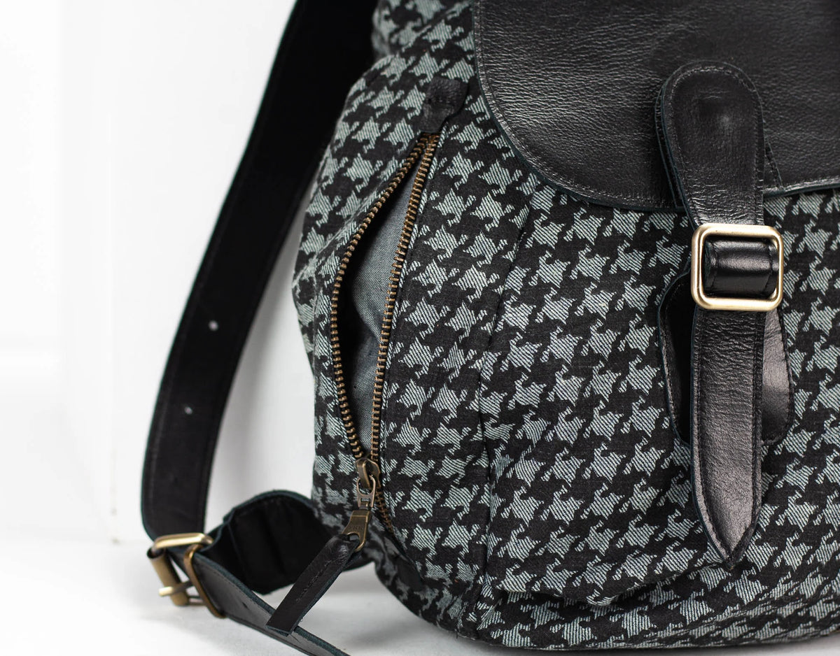Artemis backpack - Denim with houndstooth print and Black leather