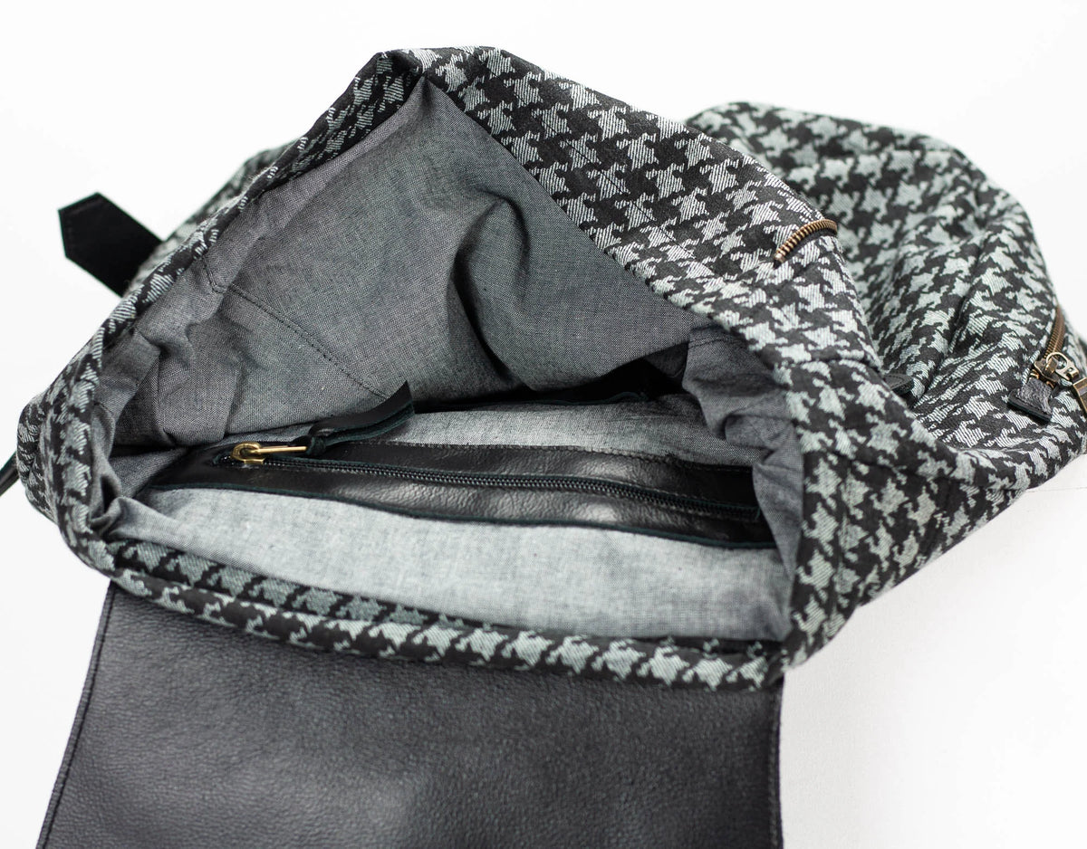 Artemis backpack - Denim with houndstooth print and Black leather