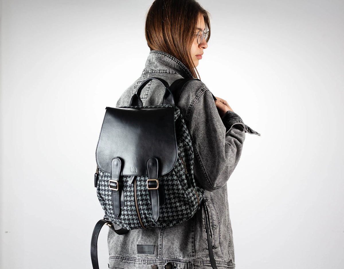Artemis backpack - Denim with houndstooth print and Black leather