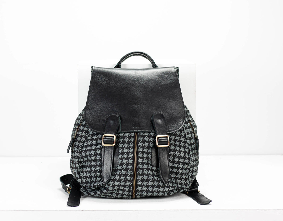 Artemis backpack - Denim with houndstooth print and Black leather