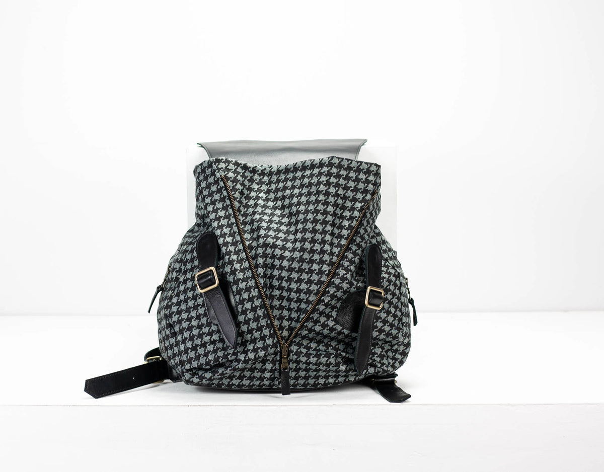Artemis backpack - Denim with houndstooth print and Black leather