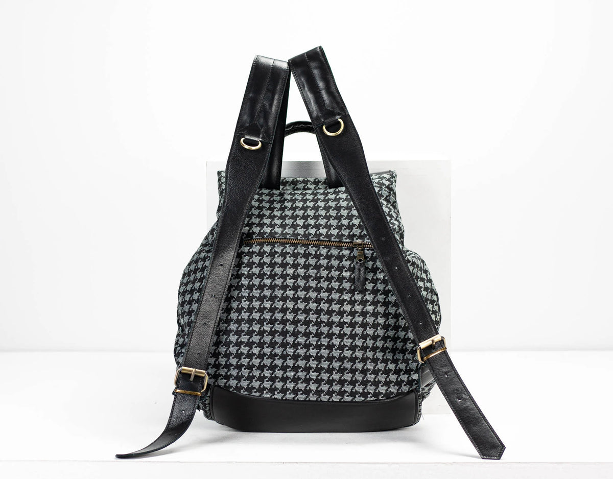 Artemis backpack - Denim with houndstooth print and Black leather