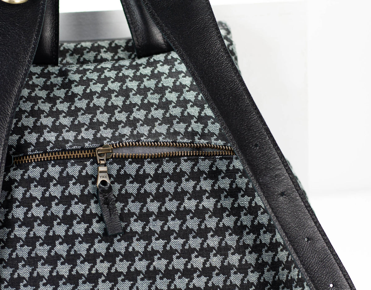 Artemis backpack - Denim with houndstooth print and Black leather