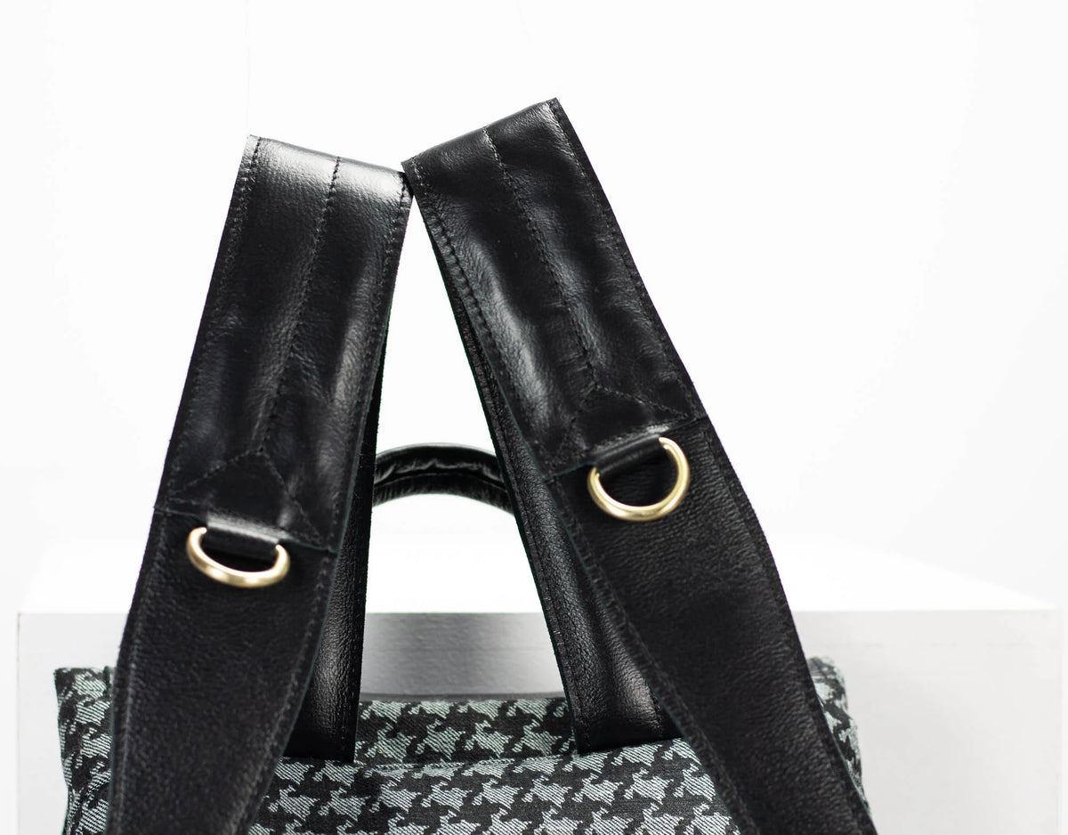 Artemis backpack - Denim with houndstooth print and Black leather