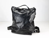 Black leather backpack on a white background