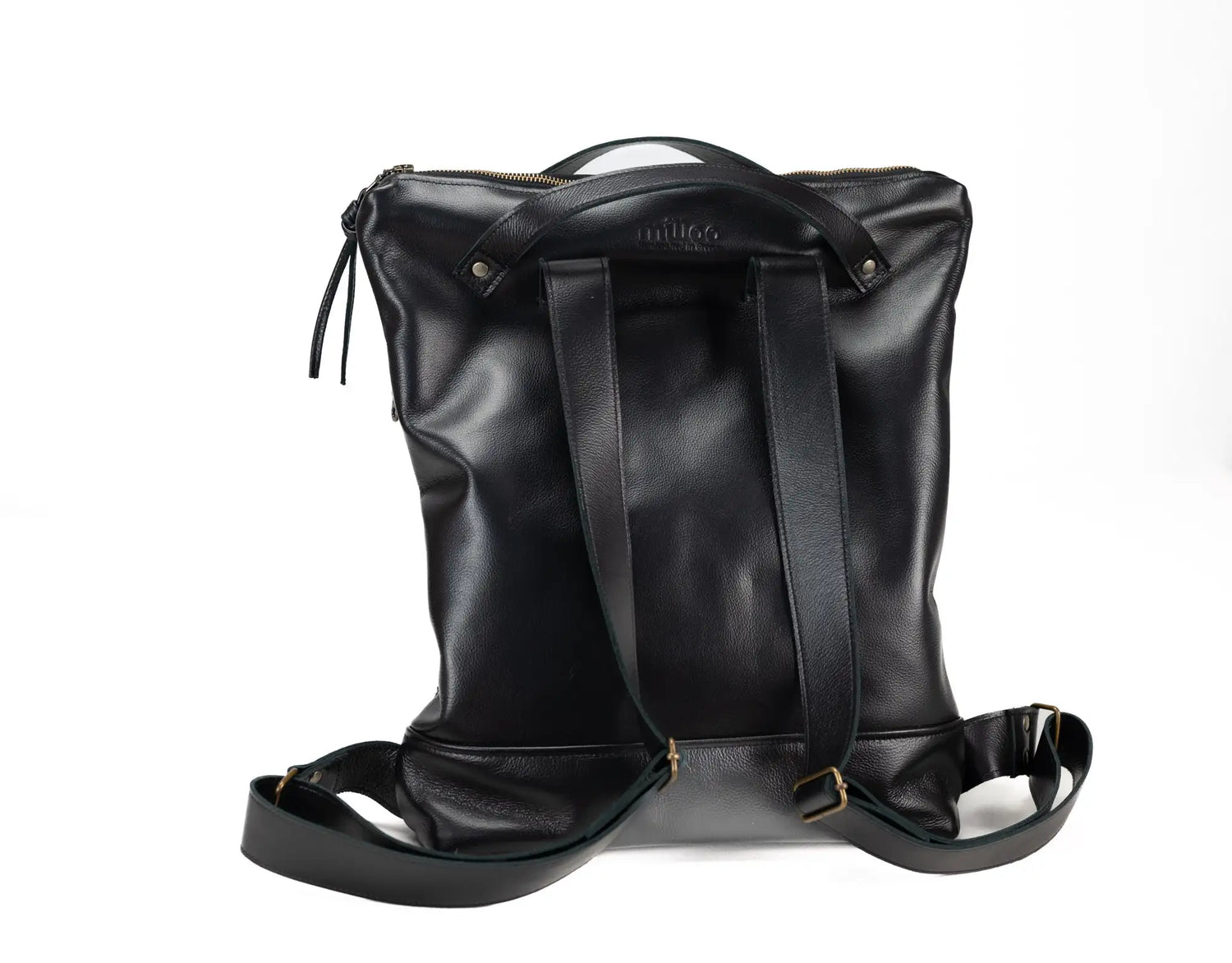 Black leather backpack on a white background