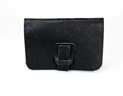 Black leather wallet with a buckle on a white background