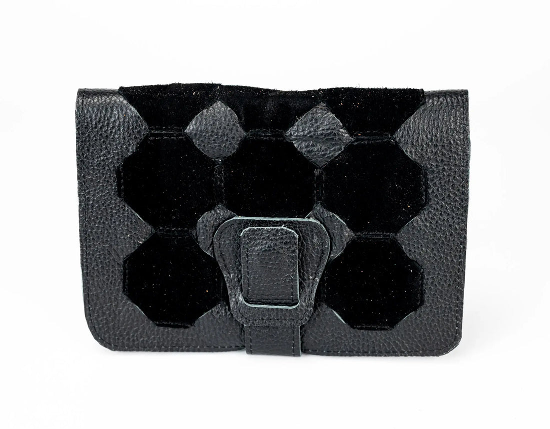 Black hexagonal patterned pouch with a flap on a white background