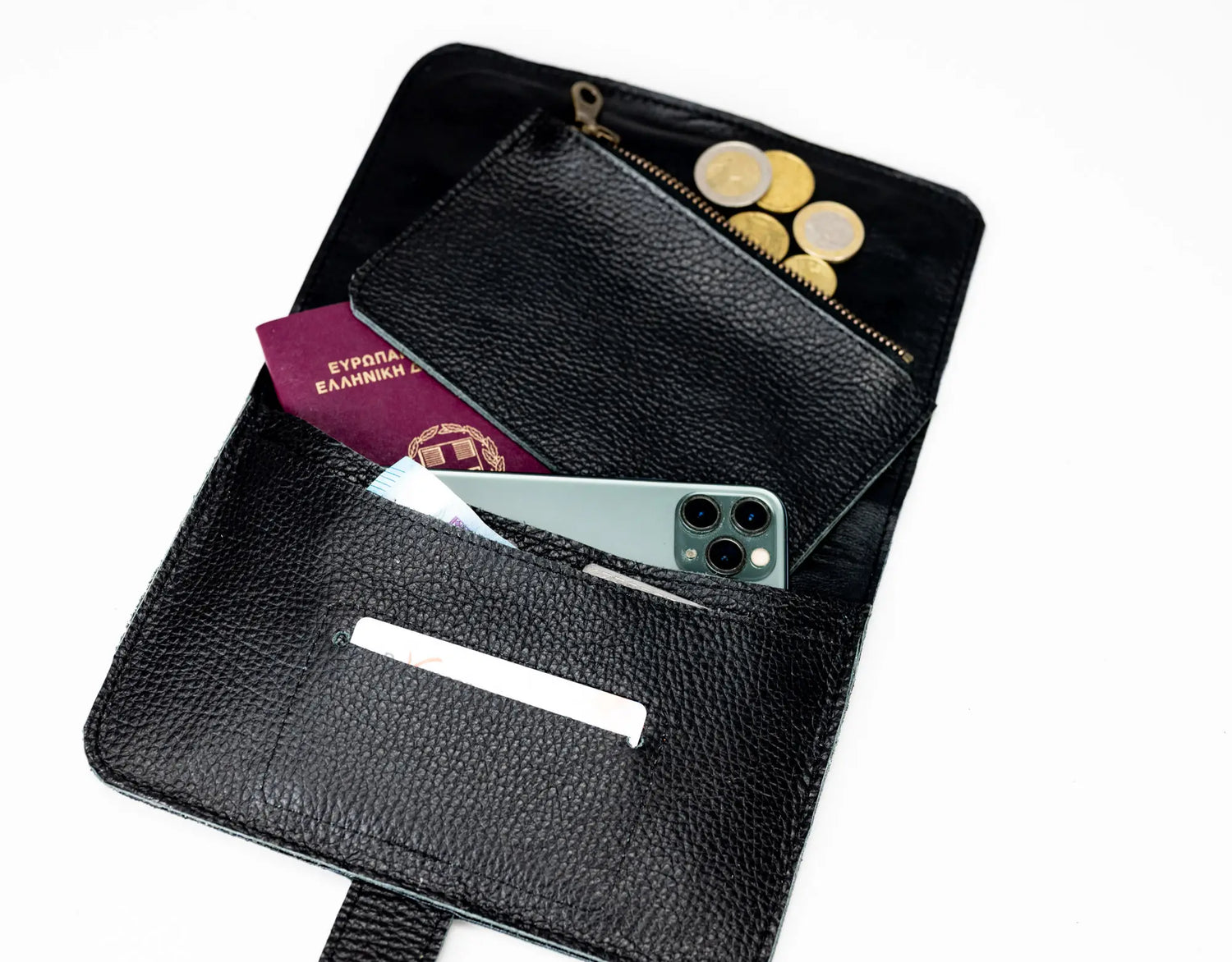 Black leather wallet with various items including a passport, phone, and coins.