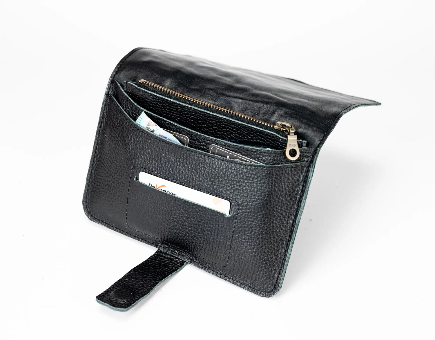 Black leather wallet with open design on a white background