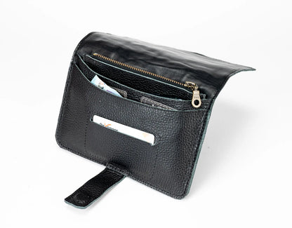 Black leather wallet with open design on a white background