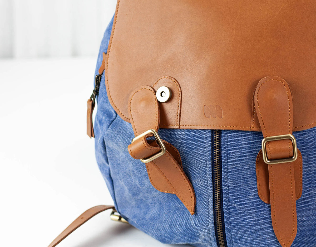 Artemis backpack - Blue stonewashed canvas and Brown leather