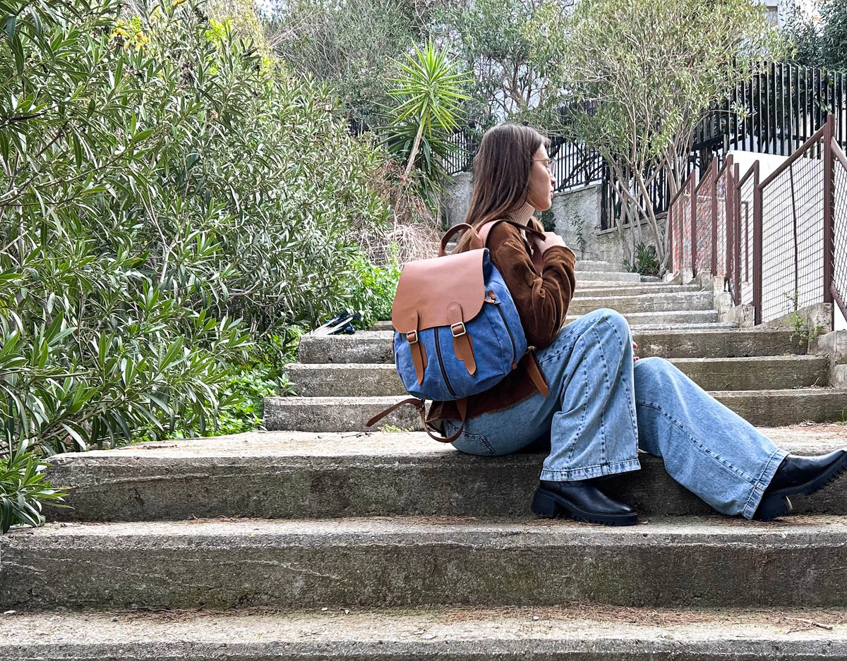 Artemis backpack - Blue stonewashed canvas and Brown leather