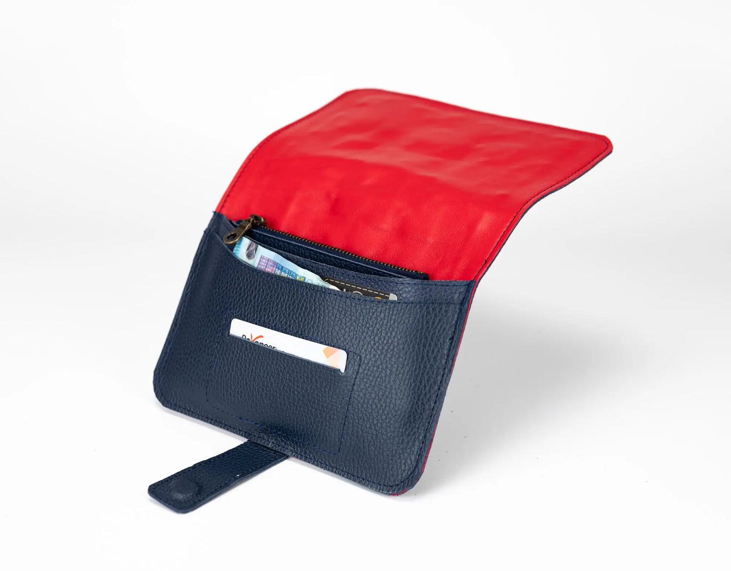 Red and blue pouch with a zipper on a white background