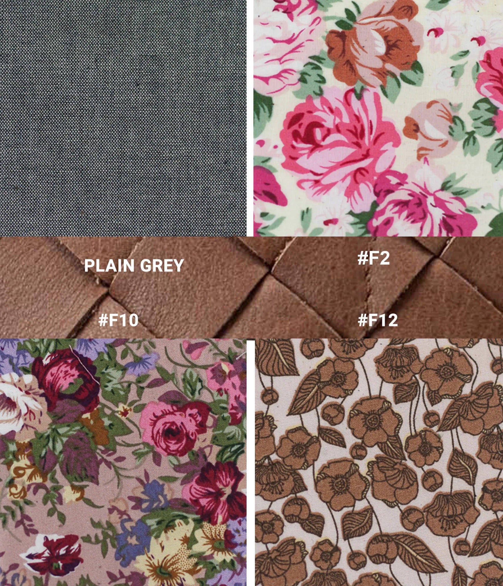 Fabric swatches including plain grey, floral patterns, and brown tones.
