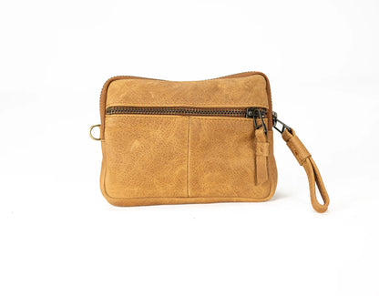 Brown leather pouch with a zipper on a white background