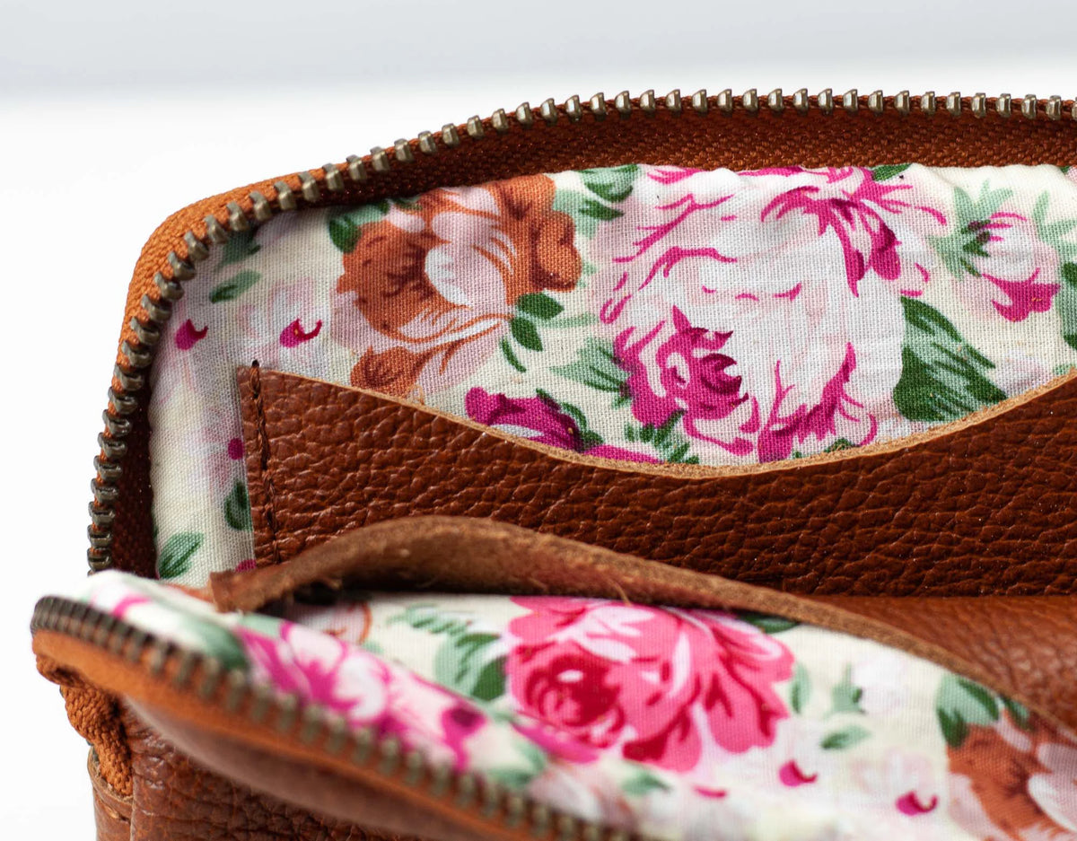 Floral fabric inside a brown leather case with a white background#color_brown-pebbled