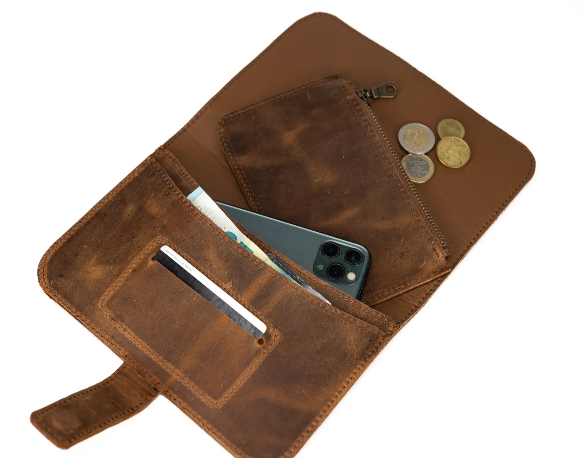 Brown leather wallet with phone and coins on a white background