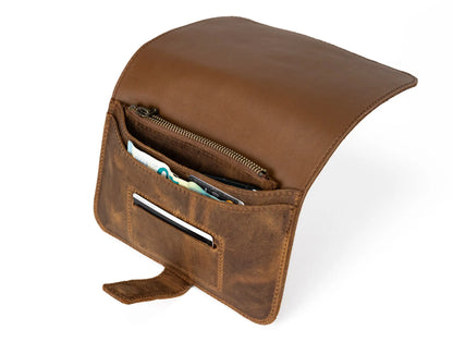 Brown leather pouch with a zipper on a white background
