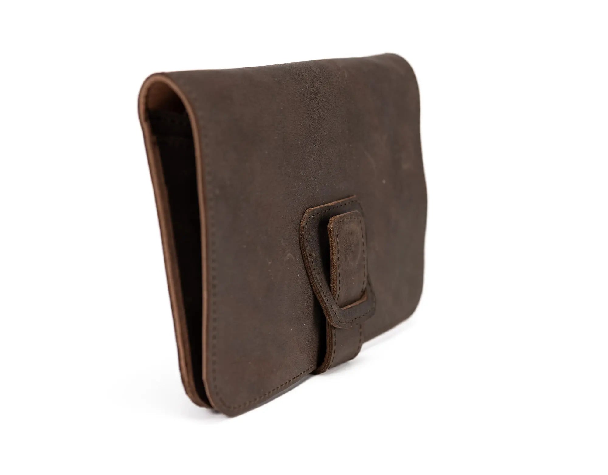 Brown leather clutch bag on a white background