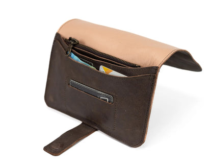 Brown leather wallet with beige flap on a white background
