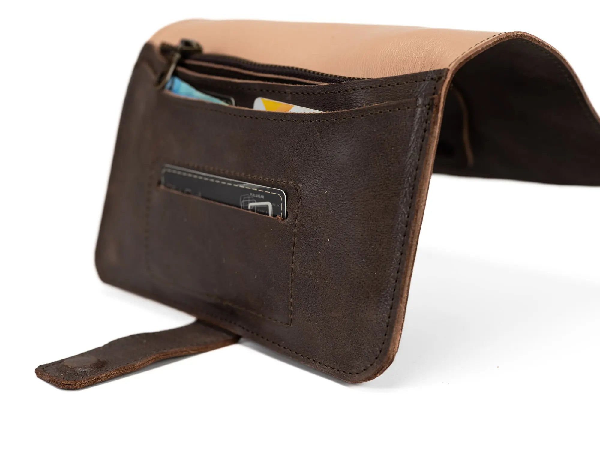 Brown leather wallet with a zipper pocket on a white background